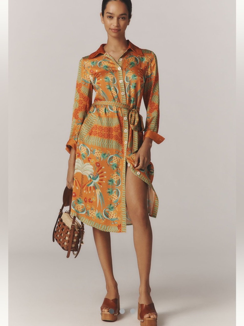 FARM RIO Anthropologie Orange & Green Floral Button-Front Long Sleeve Dress $285